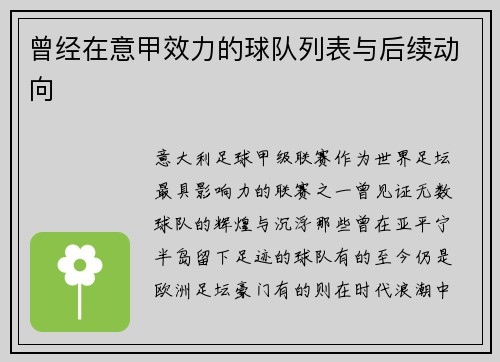 曾经在意甲效力的球队列表与后续动向